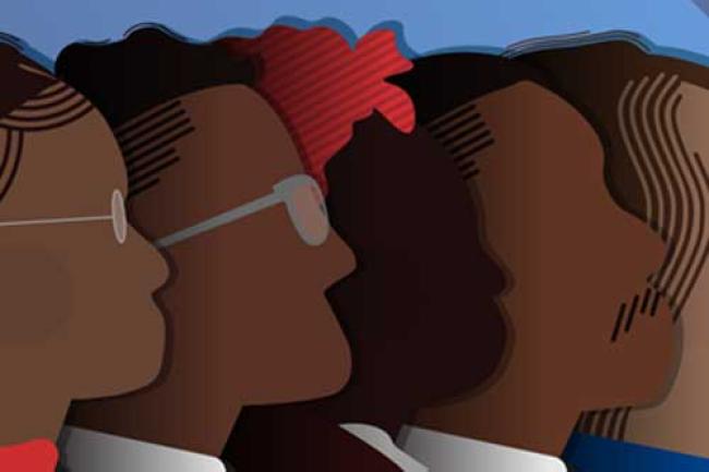 A row of stylized faces with various shades of skin in profile.